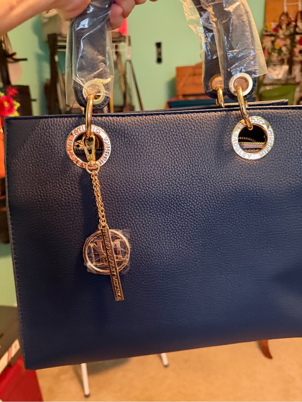 Badgley Mischka Navy Blue Pebbled Satchel with Gold Accents